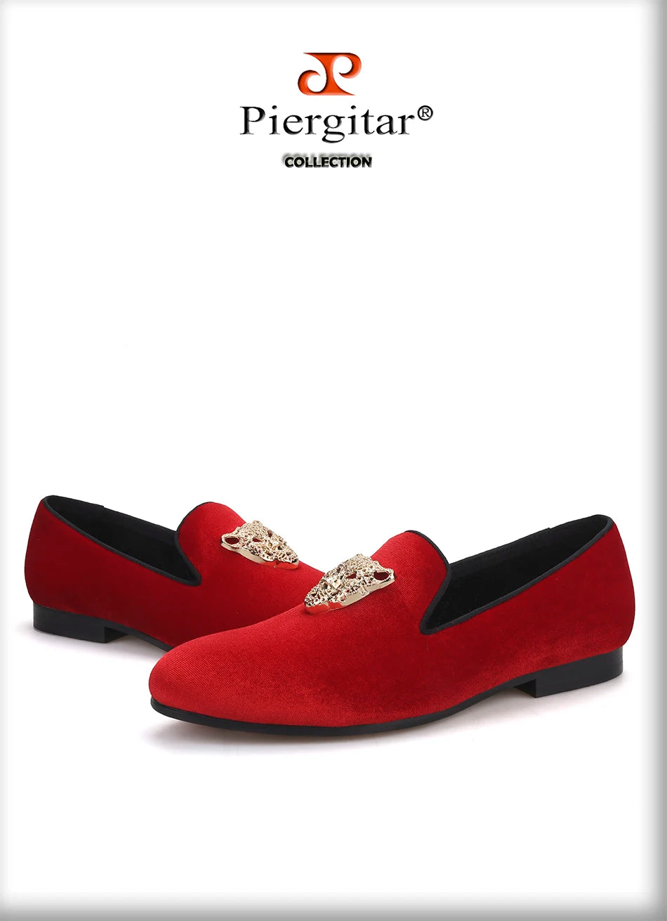 Piergitar leopard metal buckle men velvet shoes fashion party and wedding men loafers handmade men's smoking slippers plus size