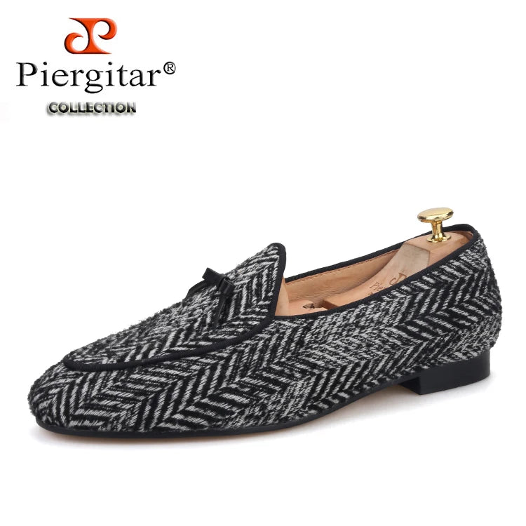 Piergitar handmade grey black knitted fabric men loafers with leather tie classic men's smoking slippers plus size