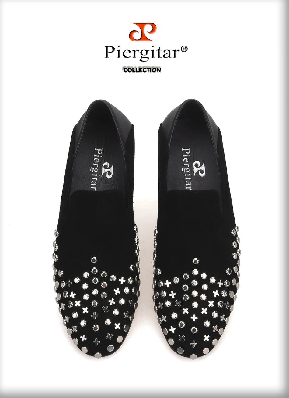 Piergitar handmade black cow leather men metal button smoking slippers fashion men's loafers for wendding and prom plus size