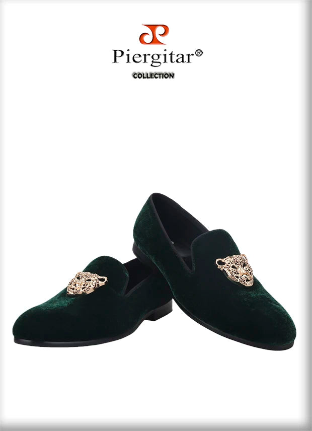 Piergitar leopard metal buckle men velvet shoes fashion party and wedding men loafers handmade men's smoking slippers plus size