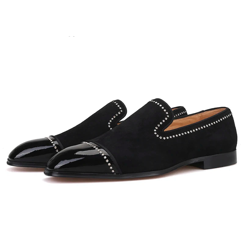 Men's dress shoes and casual shoes in black suede leather with rhinestones
