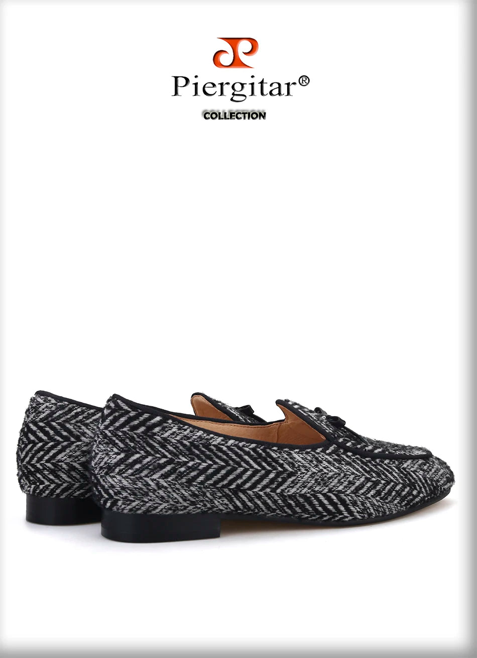 Piergitar handmade grey black knitted fabric men loafers with leather tie classic men's smoking slippers plus size