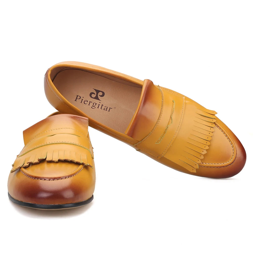 Yellow and Brown Colors Calfskin Slip-On Mens Dress Shoes for Party Handmade Male Smoking slippers