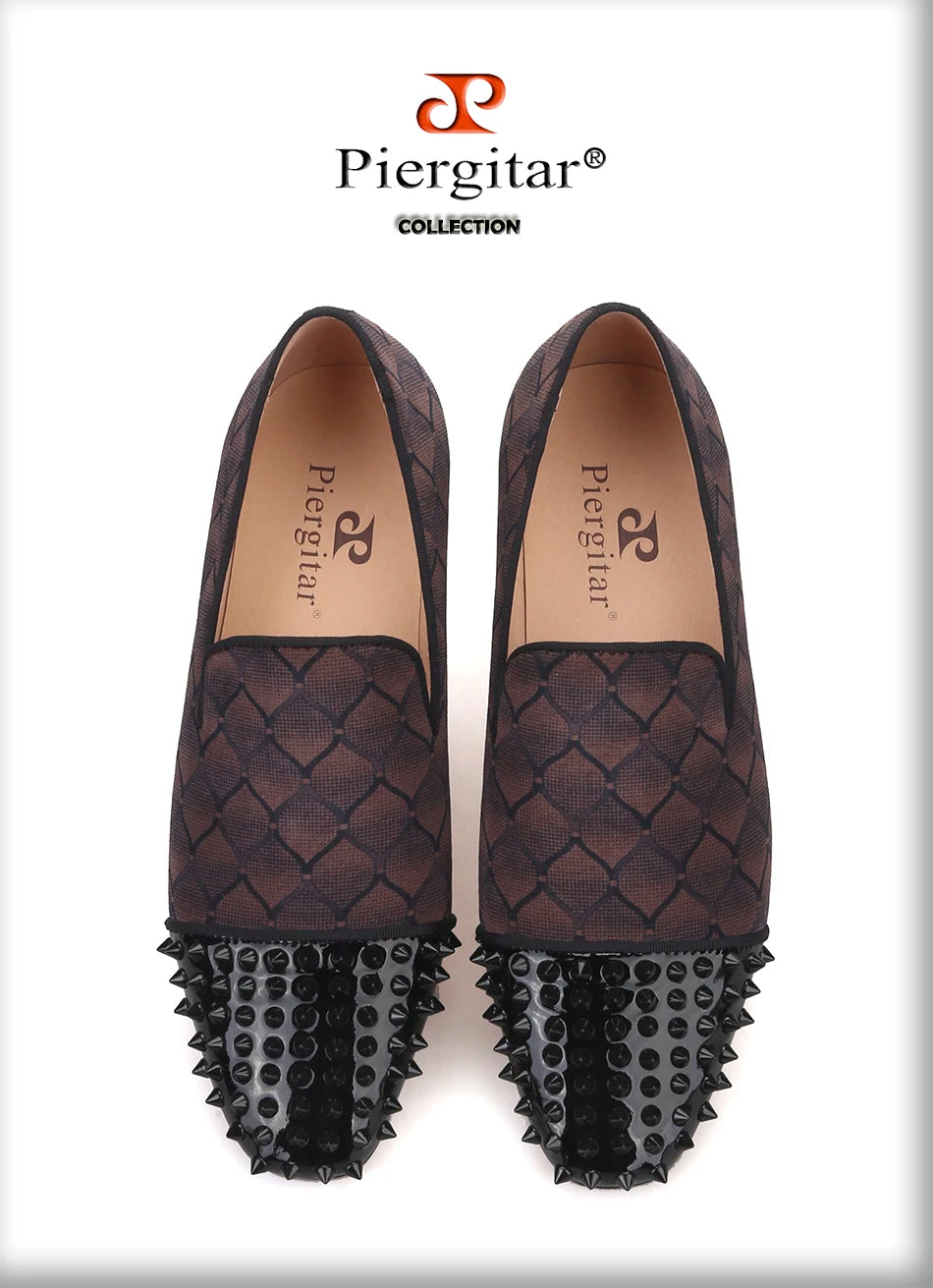 Piergitar 2022 Plaid Design Brown Velvet Men Studded Shoes Handmade Red Bottom Men's Loafers For Party And Banquet Plus Size