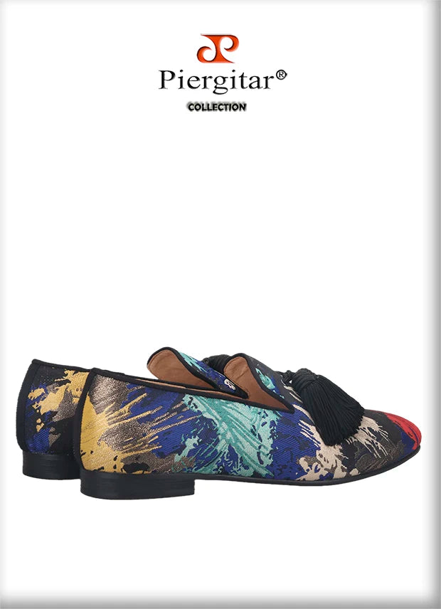 Piergitar 2021 New Style Oil Painting Silk Men Moccasin Handmade Tassel Men's Loafers Plus Size Slip-On Male Smoking Slippers