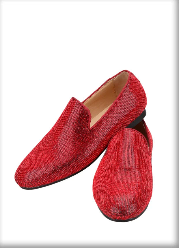 Handmade men's smoking slippers and loafers in red bottoms for weddings and parties.