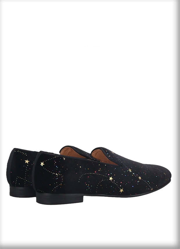 Customized Chinese style slip-on smoking shoes with gold totem print on black velvet.