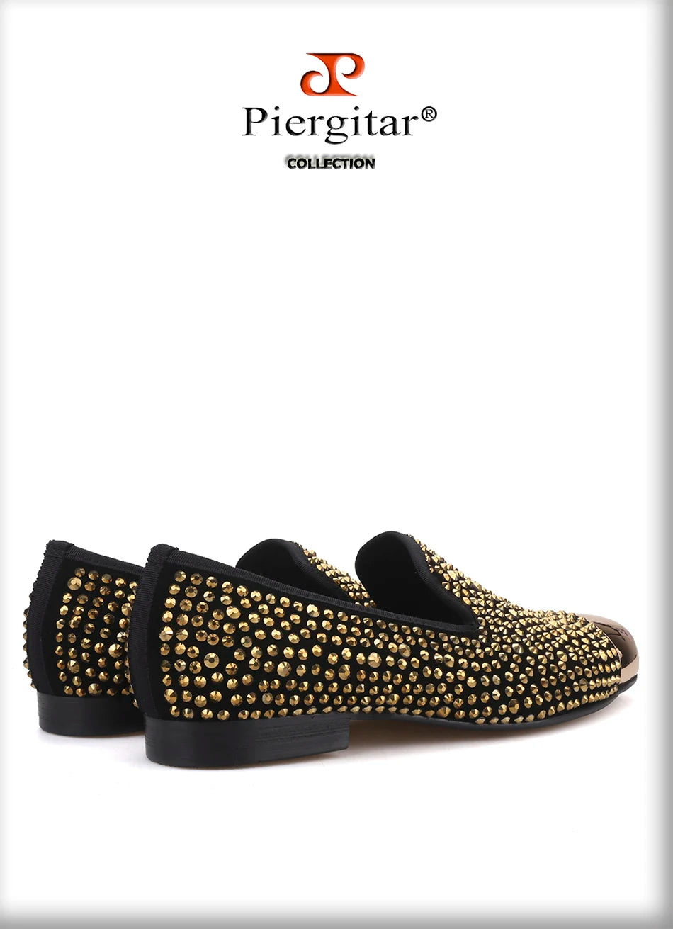 Piergitar gold metal toe and crystal men loafers handmade men's leather smoking slippers party and wedding men dress shoes