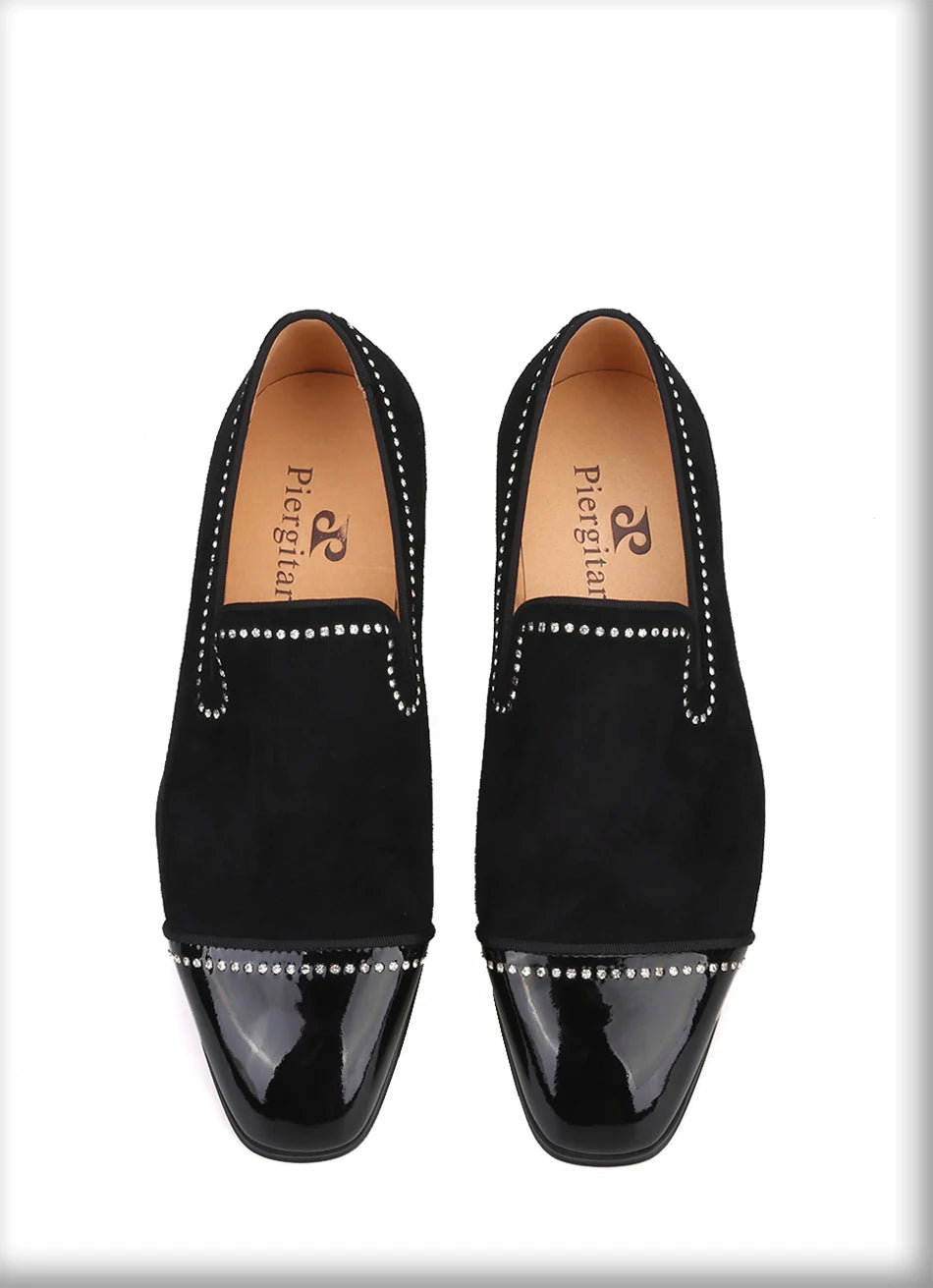Men's dress shoes and casual shoes in black suede leather with rhinestones