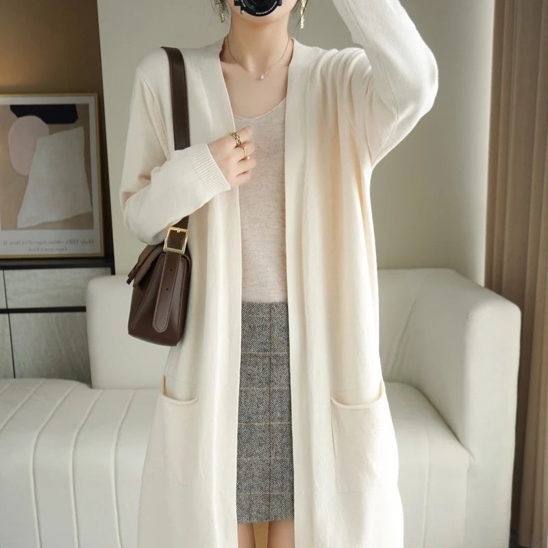 YSC New style Women Knitted Cashmere wool blend Cardigan V collar Super long style Buttonless pocket trim High-quality Cardigan