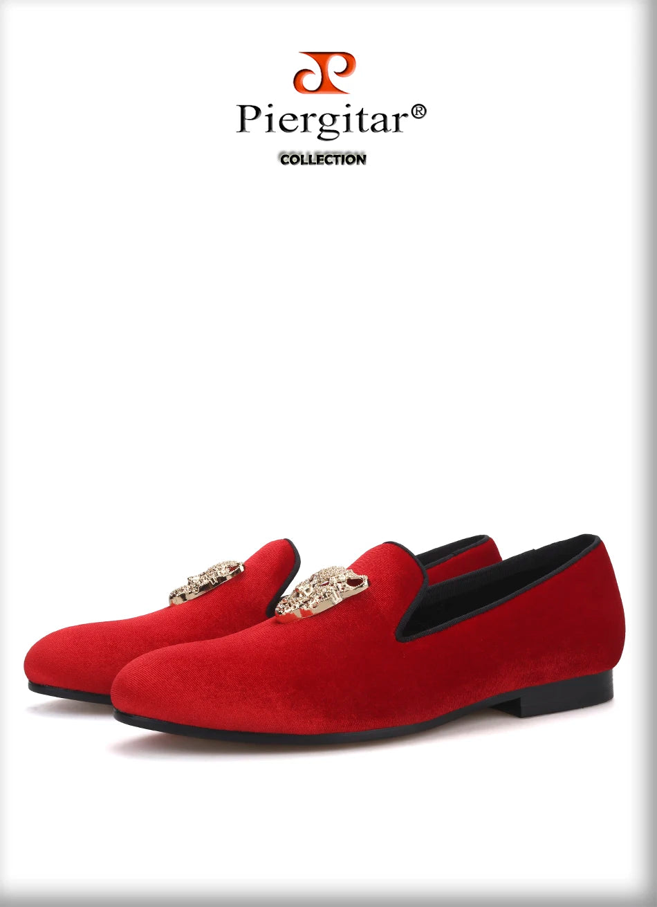 Piergitar leopard metal buckle men velvet shoes fashion party and wedding men loafers handmade men's smoking slippers plus size
