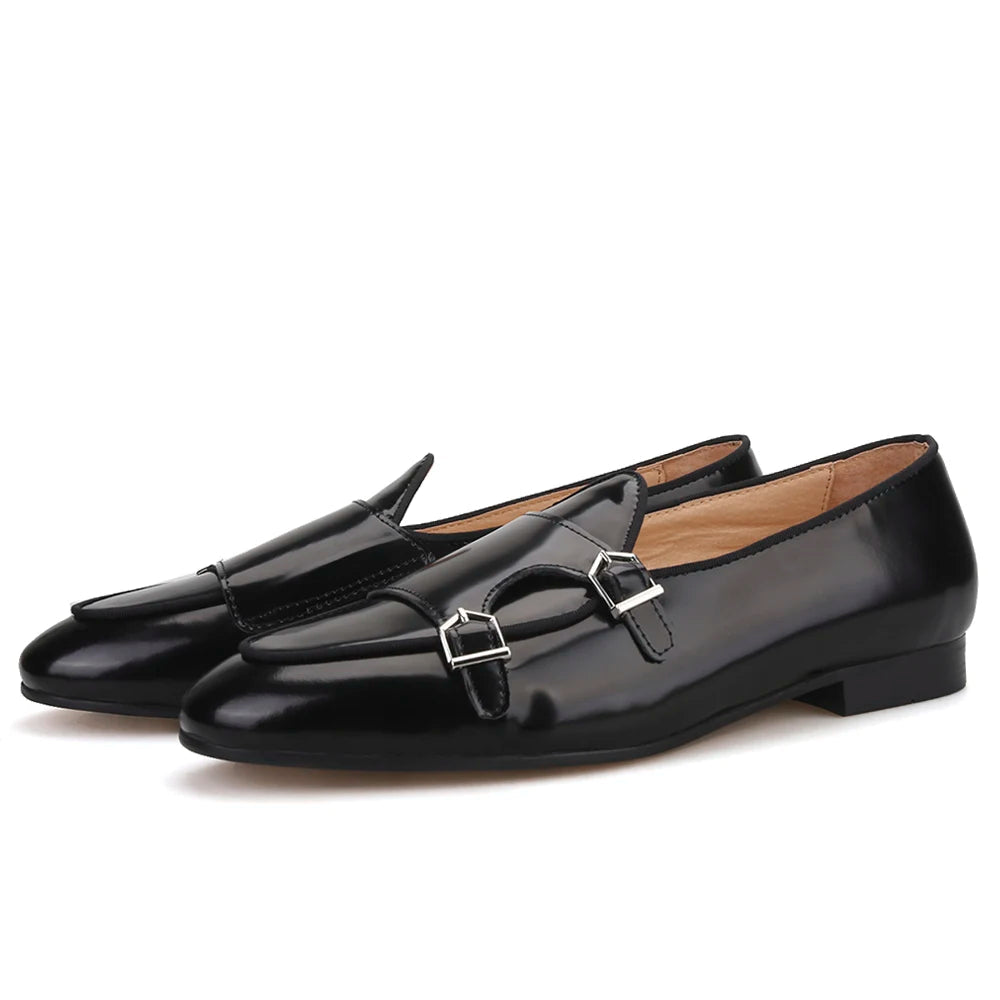 Men's handmade black leather loafers with metal buckle. Fashion Party and Wedding men's dress shoes.