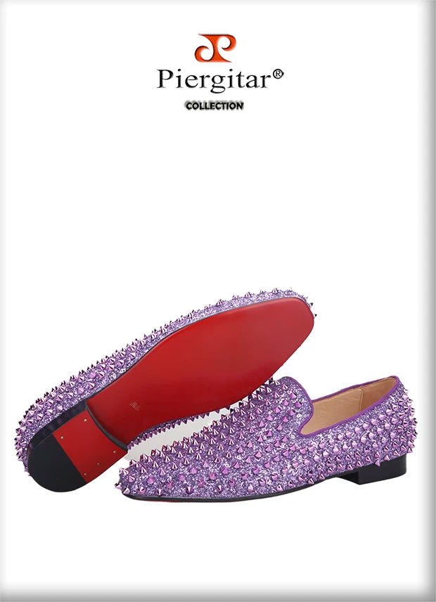 Piergitar New Style Purple Spikes Men Casual Shoes For Party and Banquet CL Same Design Handmade Men's Loafers Red Sole
