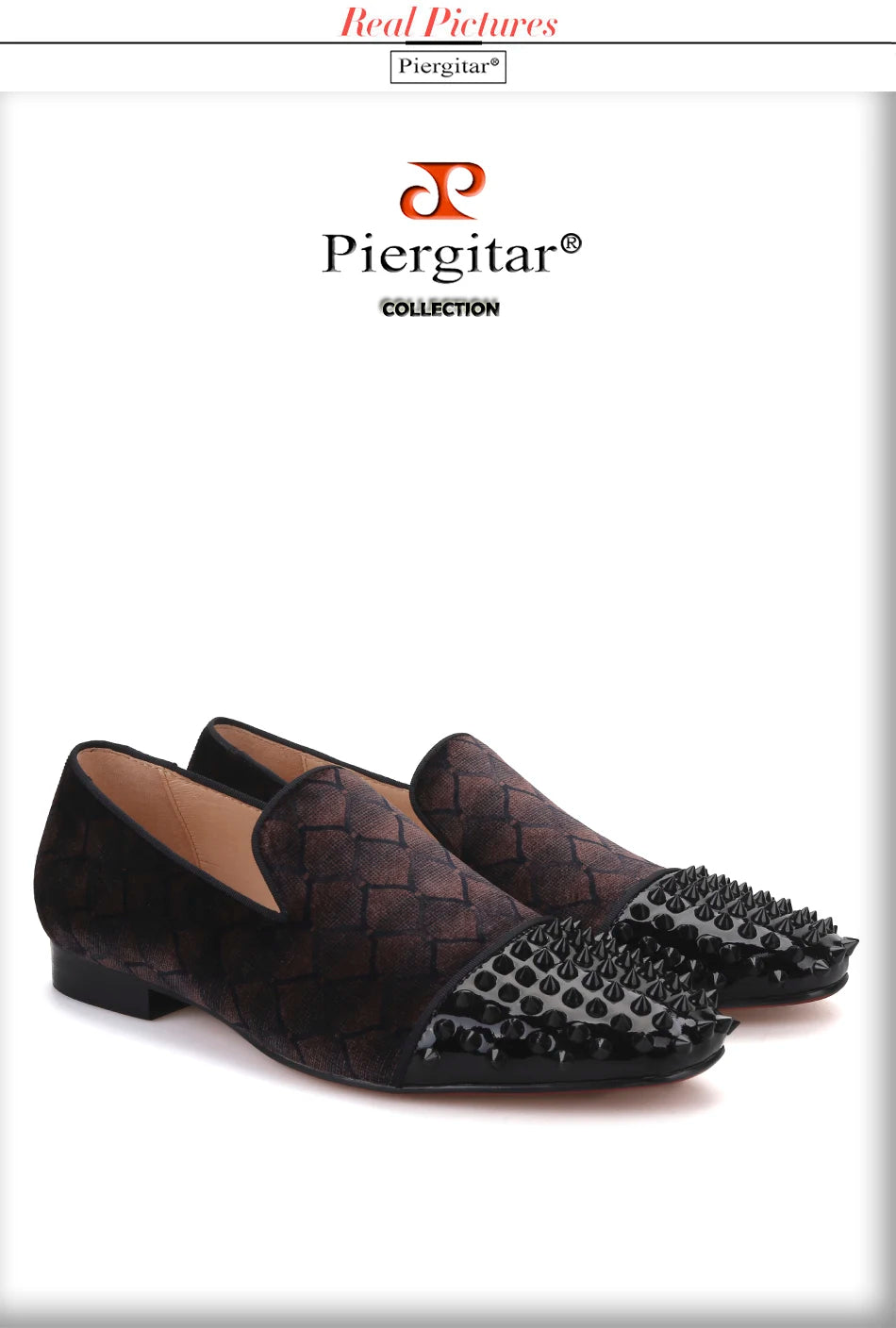 Piergitar 2022 Plaid Design Brown Velvet Men Studded Shoes Handmade Red Bottom Men's Loafers For Party And Banquet Plus Size