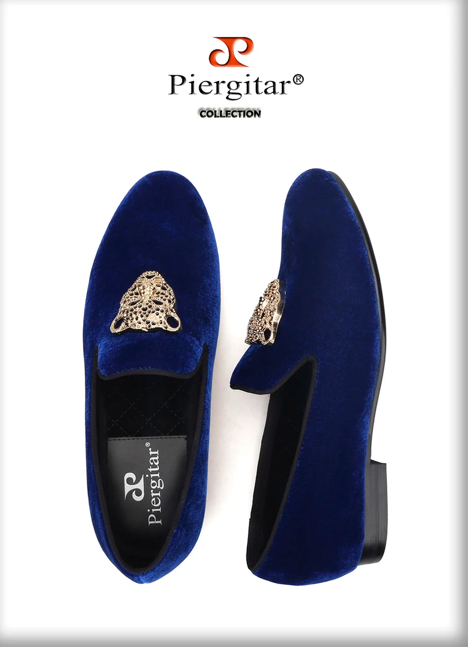 Piergitar leopard metal buckle men velvet shoes fashion party and wedding men loafers handmade men's smoking slippers plus size
