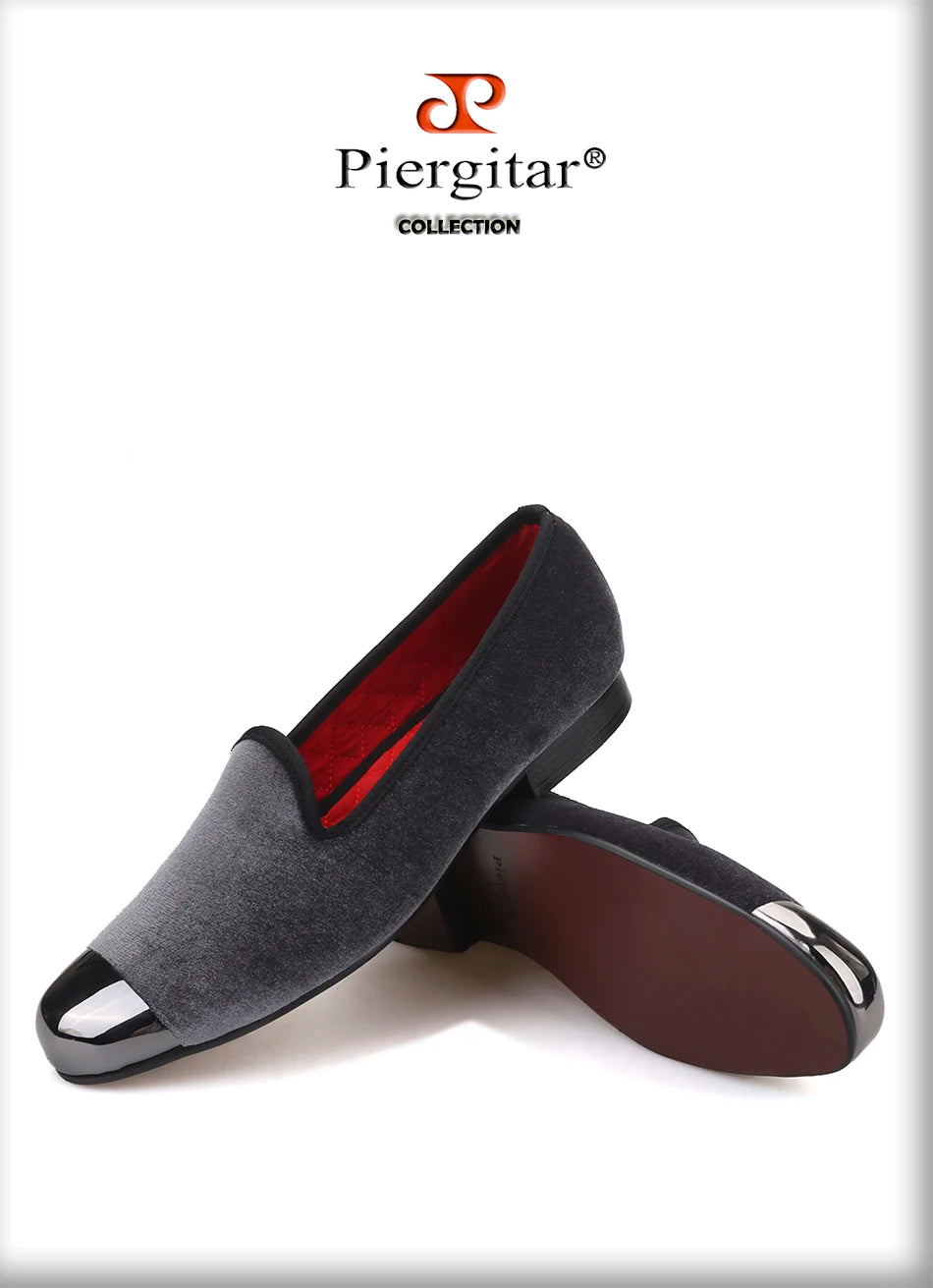 Piergitar gray color men velvet shoes with gun toe metal fashion party and wedding men loafers handmade men's smoking slippers