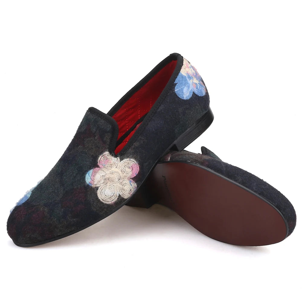 Mix color knitted fabric prom and party men's loafers style ethnic men's flats with flower printing