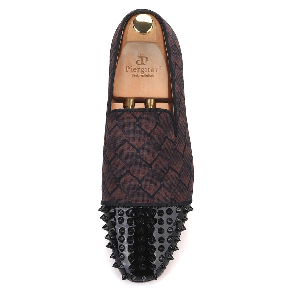 Piergitar 2022 Plaid Design Brown Velvet Men Studded Shoes Handmade Red Bottom Men's Loafers For Party And Banquet Plus Size