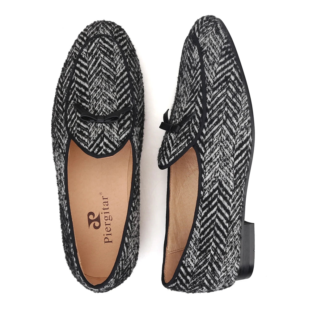 Piergitar handmade grey black knitted fabric men loafers with leather tie classic men's smoking slippers plus size