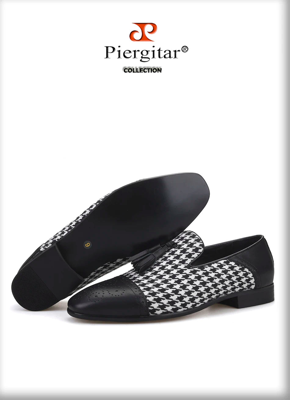 Piergitar brand new design houndstooth pattern men tassel shoes handmade men's loafers for party and prom men smoking slipper