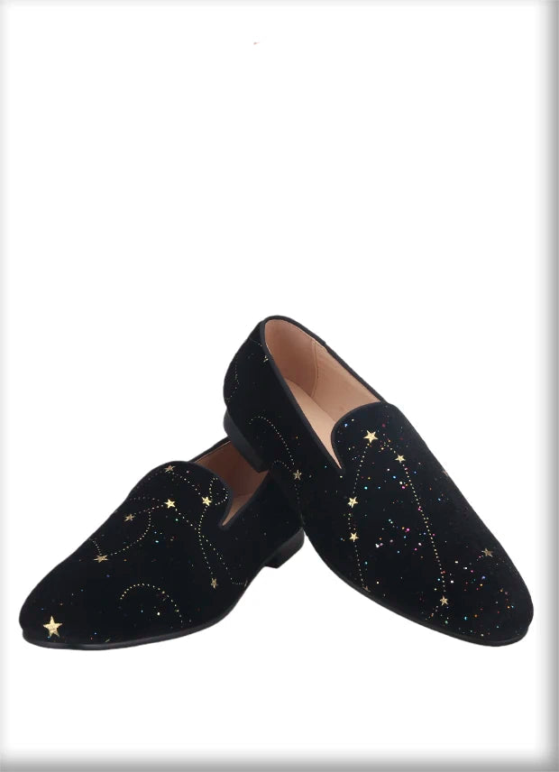 Customized Chinese style slip-on smoking shoes with gold totem print on black velvet.
