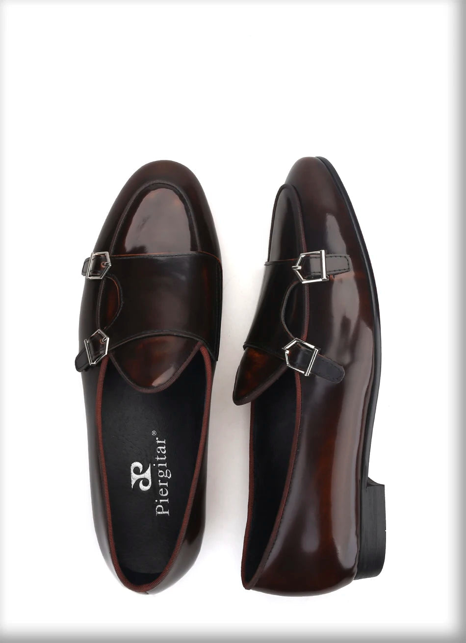 Plus size men's smoking slippers with metal buckle and handmade calfskin dress shoes for men.