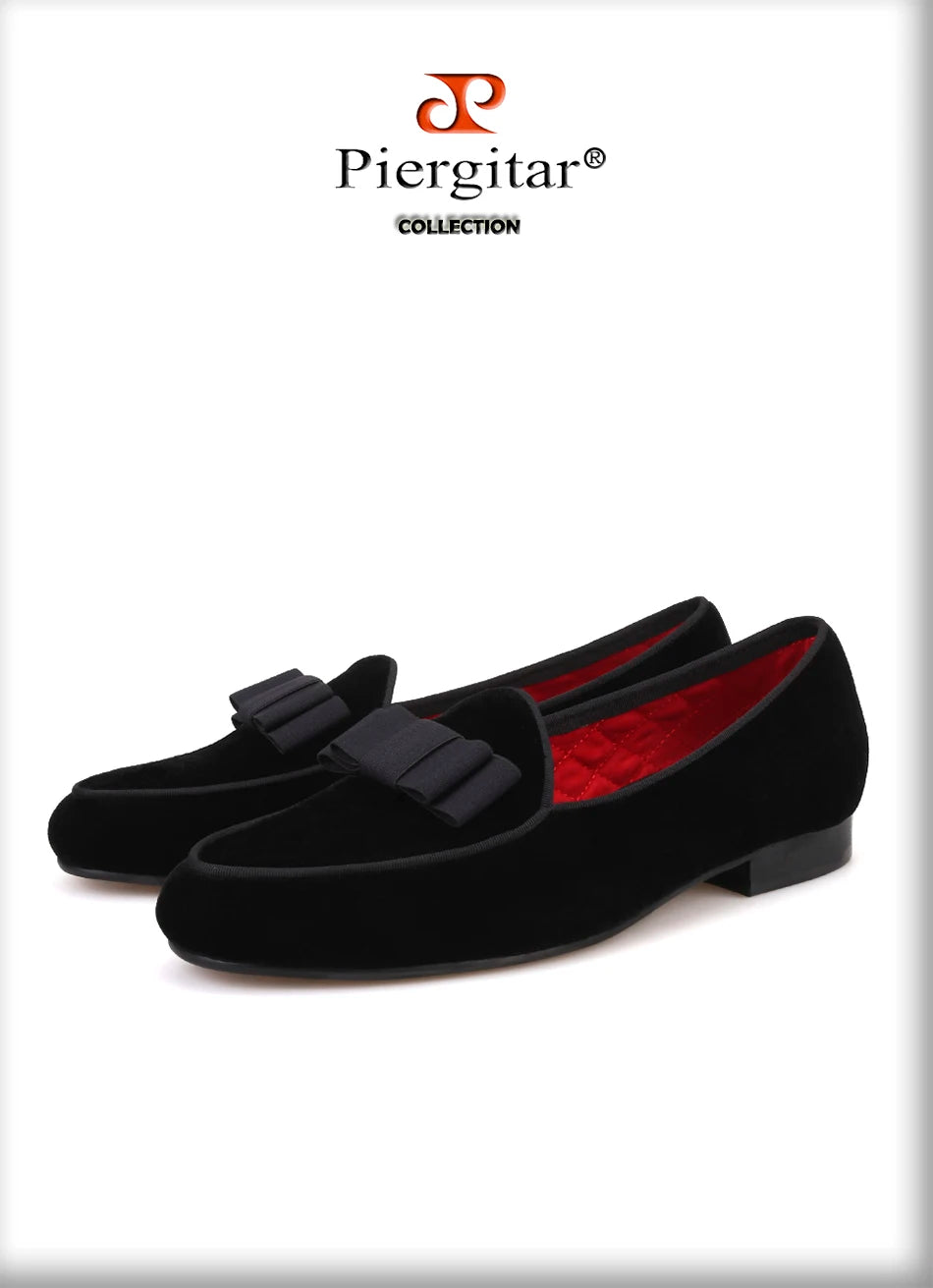 Piergitar new arrival Handmade Men velvet shoes with short Tongue and Bowtie Men party and wedding dress shoes Banquet loafers