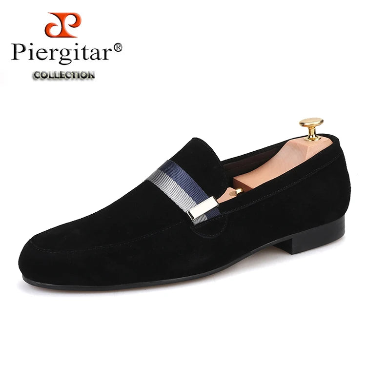 Piergitar Handcraft Men suede shoes with mixed lace Men Smoking Slipper Fashion Party and banquet men's loafers Plus size