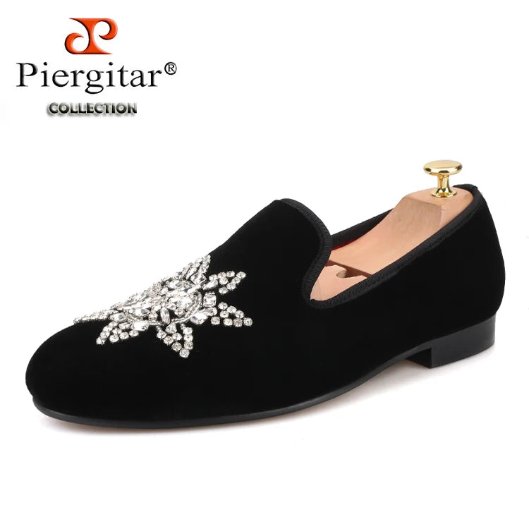 Piergitar New Style Black velvet Men Loafers with Silver Rhinestone Fashion Party and Banquet men's casual shoes slip-on
