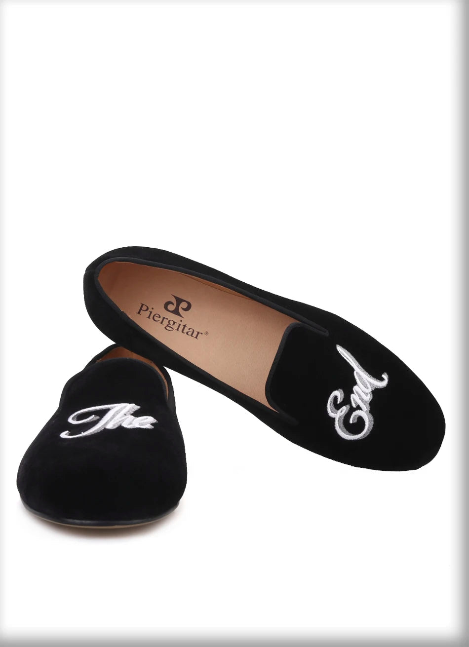 Plus size men's smoking slippers with embroidered letters and party or prom leather loafers for men.