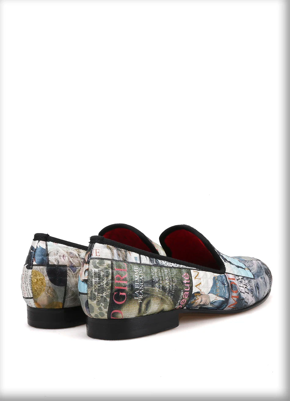 Men's casual shoes with red cotton insoles and a magazine-style graffiti fabric men loafer.