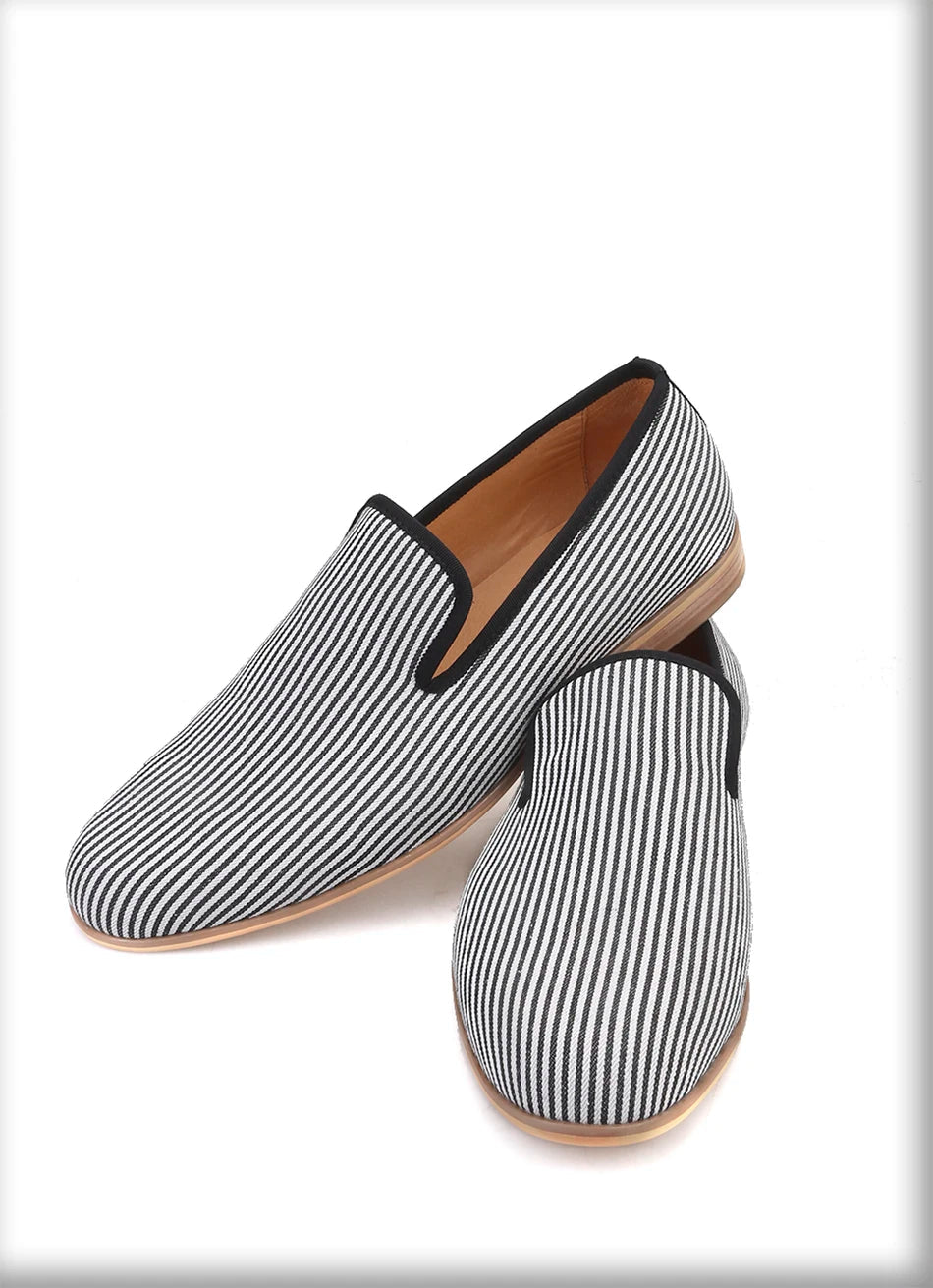 New British style mens loafers Black striped canvas fashion mens smoking slippers plus-size male flats