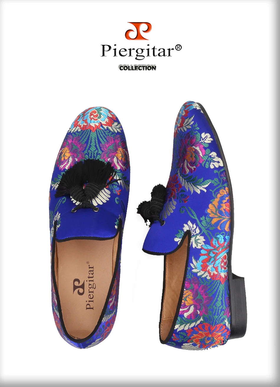 Piergitar brand 2019 new arrival Floral printing men loafers with big tassel wedding and prom men's silk shoes smoking slippers