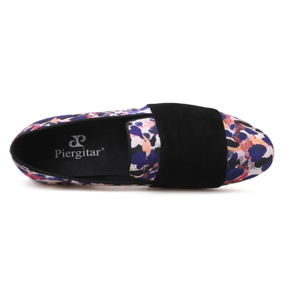 Loafers for Men in Animal Print Cotton Fabric with Black Suede Straps Casual Style for Parties, Banquets and Prom