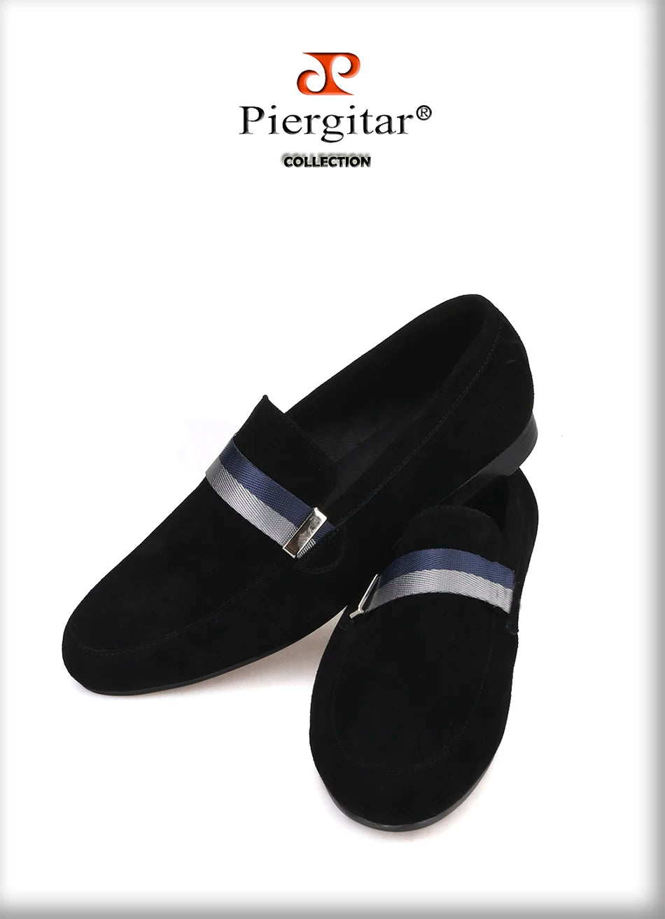 Piergitar Handcraft Men suede shoes with mixed lace Men Smoking Slipper Fashion Party and banquet men's loafers Plus size