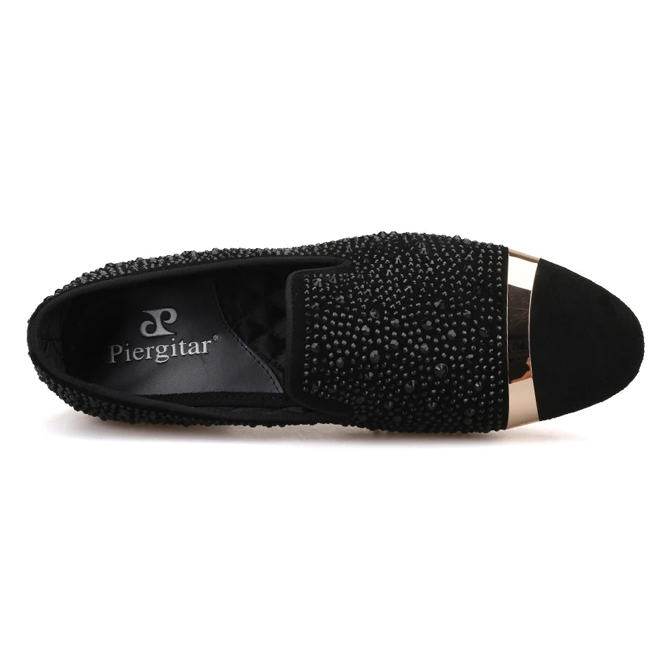 Handmade Black Diamonds men's suede loafer with gold strap and leather insole, for banquets and prom