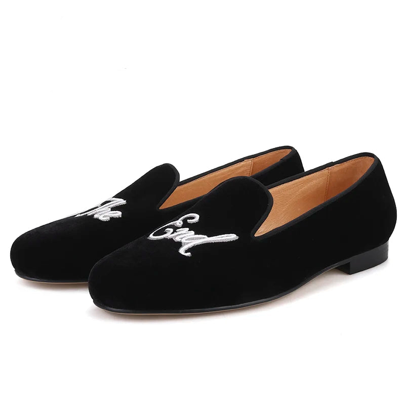 Plus size men's smoking slippers with embroidered letters and party or prom leather loafers for men.