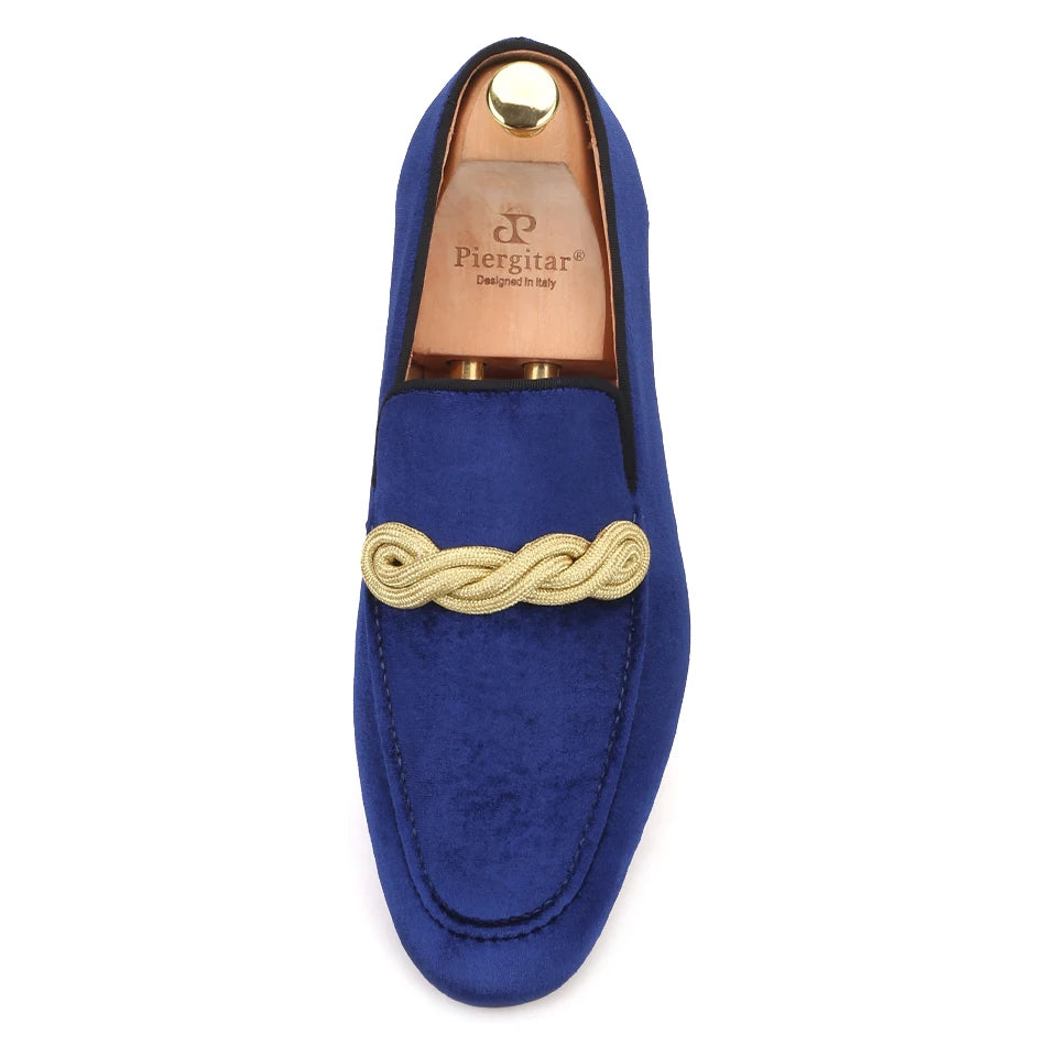 Men's smoking slippers with a gold rape design, made by hand.