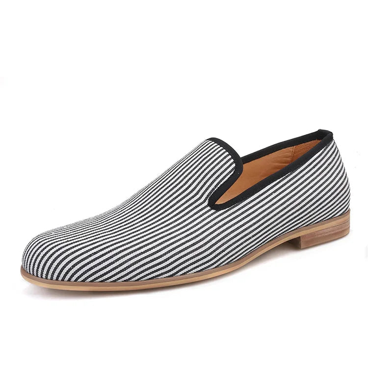 New British style mens loafers Black striped canvas fashion mens smoking slippers plus-size male flats