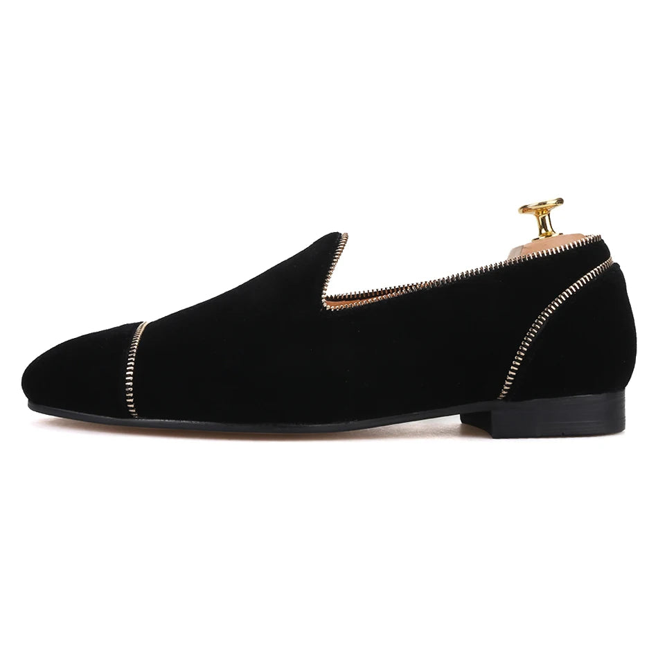 Men's smoking slippers with leather insole and Zipper design, black colors.