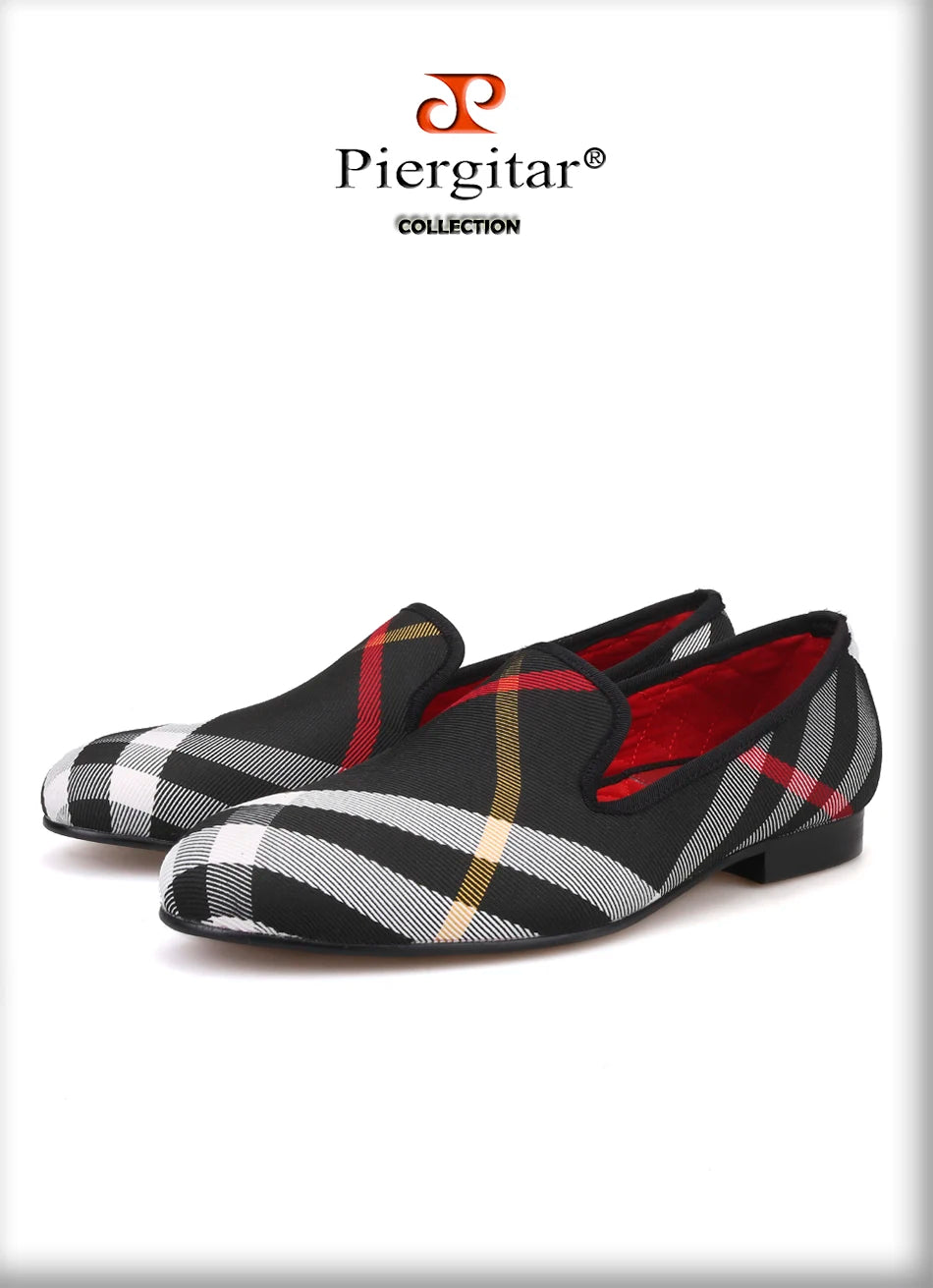 Piergitar Blue and white plaid canvas shoes luxurious brand men loafers black pig leather insole men's casual shoes men's flats