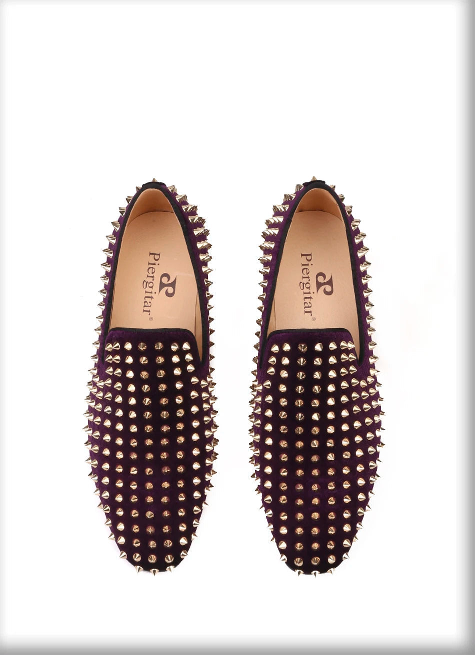 2019 Men's smoking slippers and party shoes in plus sizes made of purple velvet with gold rivets