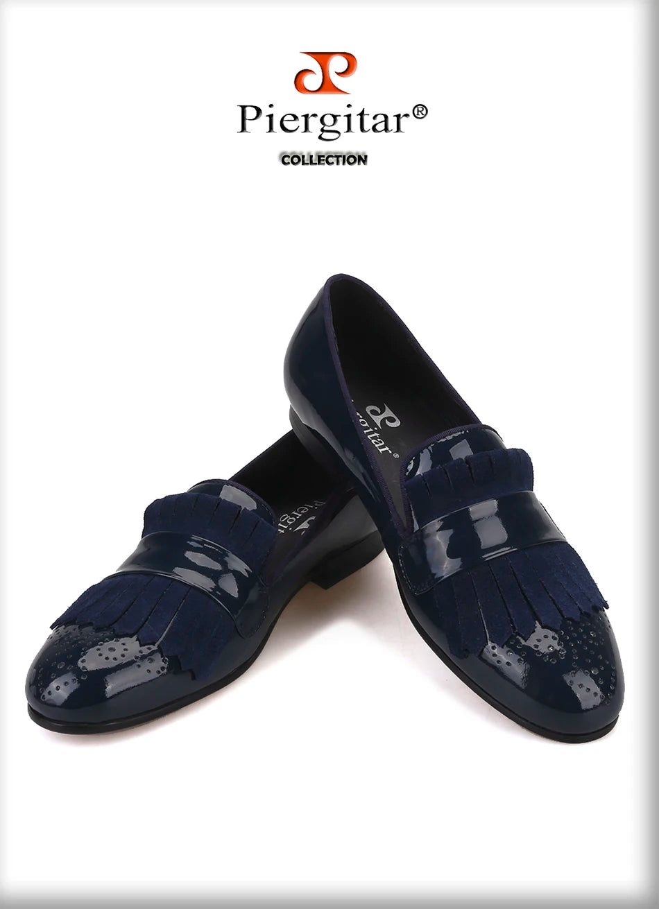 Piergitar New Style Handmade Patent Leather Shoes With Classical Brogue Printing And Suede Fringe Party/Wedding Men's Loafers
