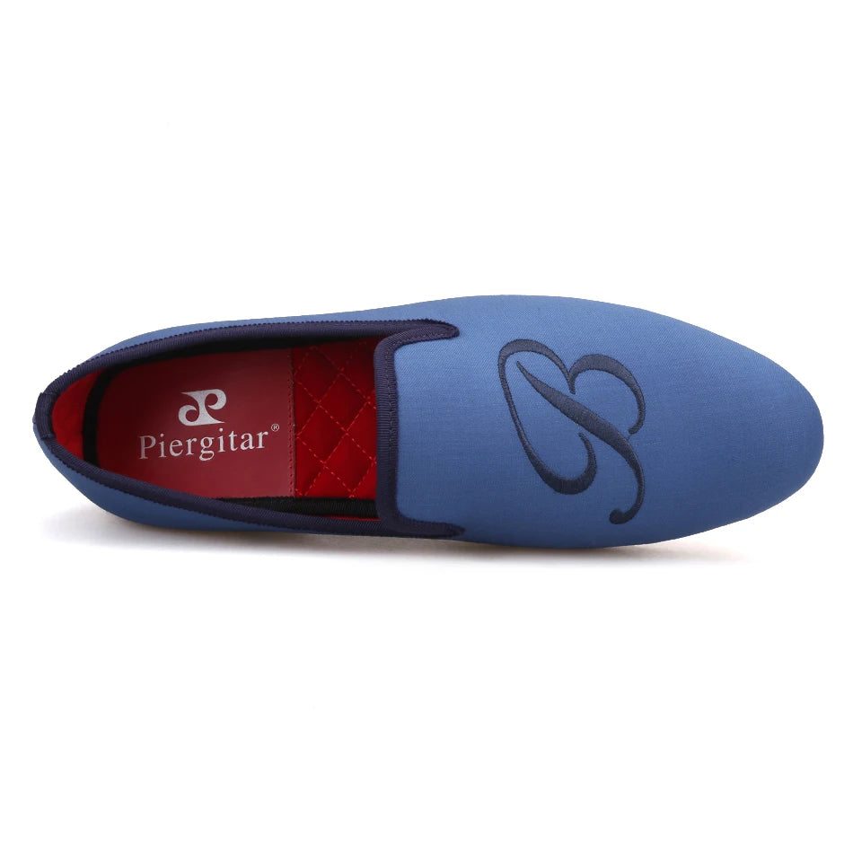 PIERGITAR 2019 new letters embroidery men fabric shoes Fashion prom and Banquet men's loafers British style smoking slippers