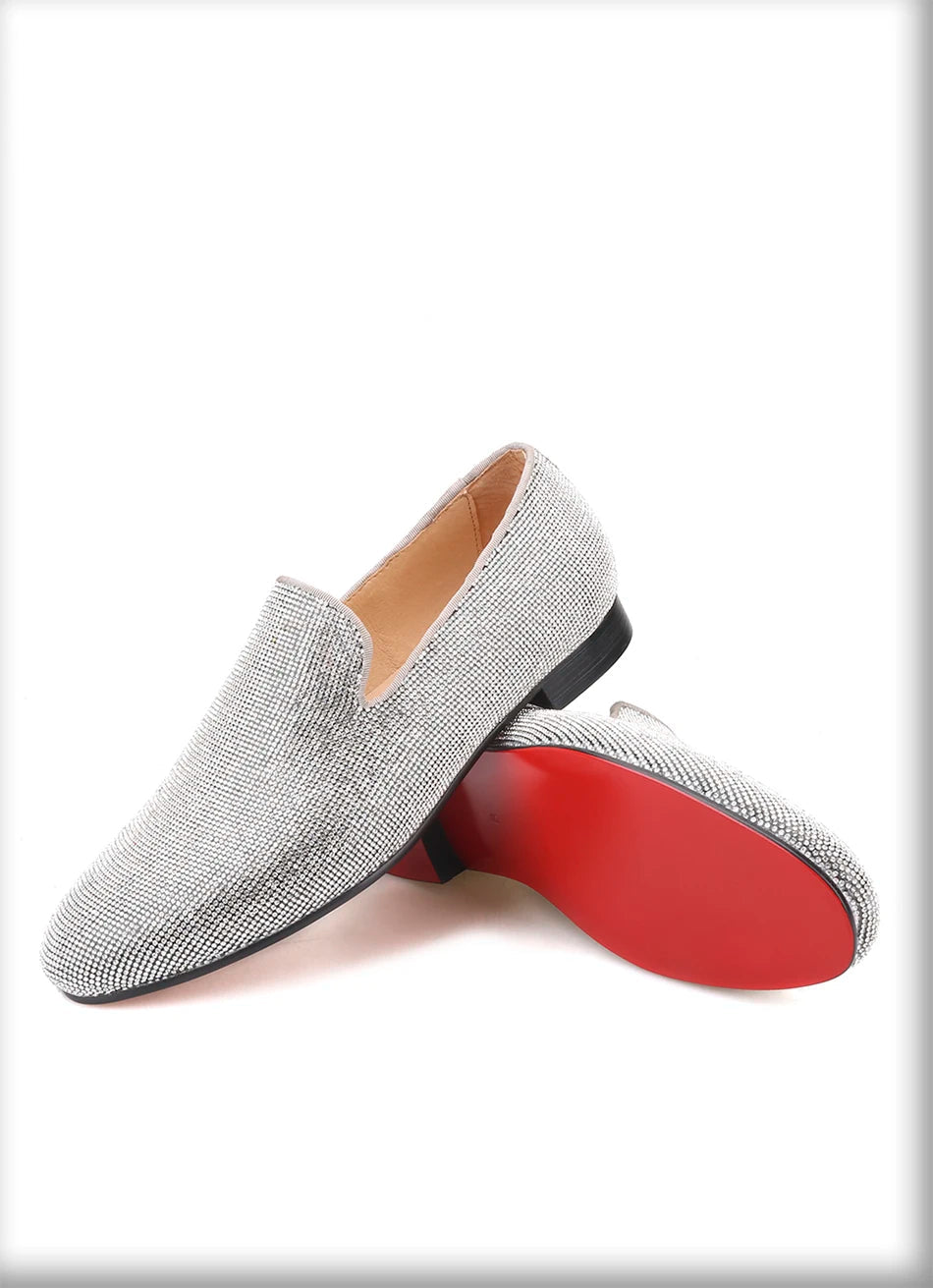 Handmade men's smoking slippers and loafers in red bottoms for weddings and parties.
