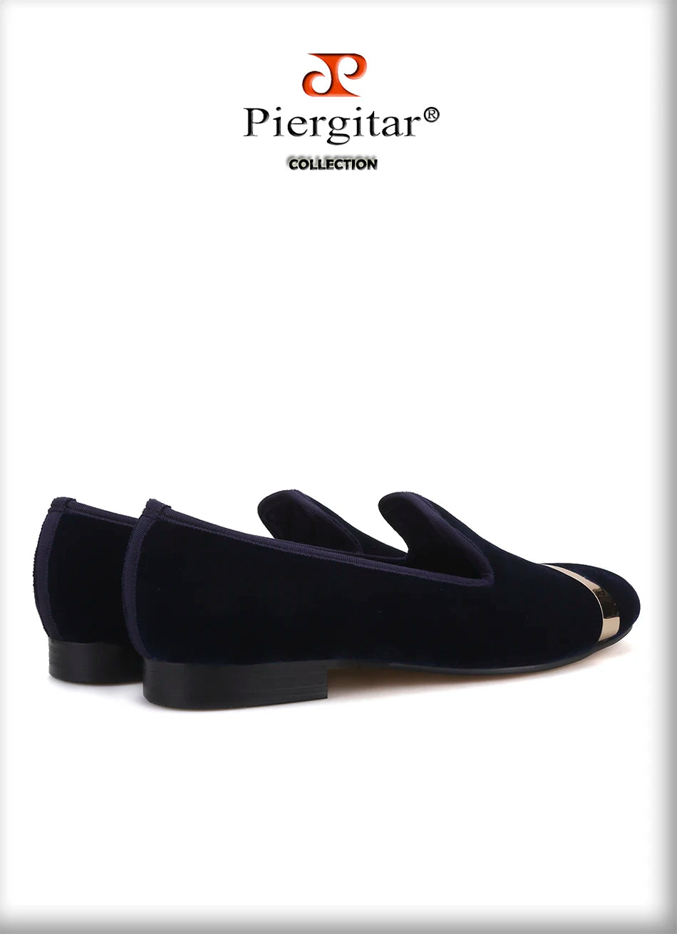 Piergitar new style Handmade men navy velvet shoes with gold metal on shoes toe fashion party wedding and banquet male loafers