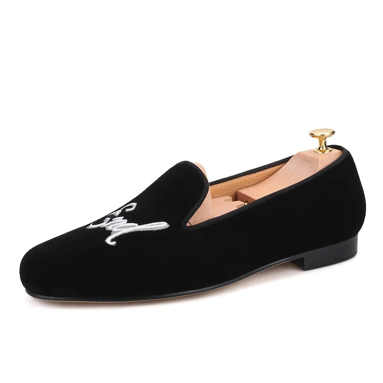 Plus size men's smoking slippers with embroidered letters and party or prom leather loafers for men.