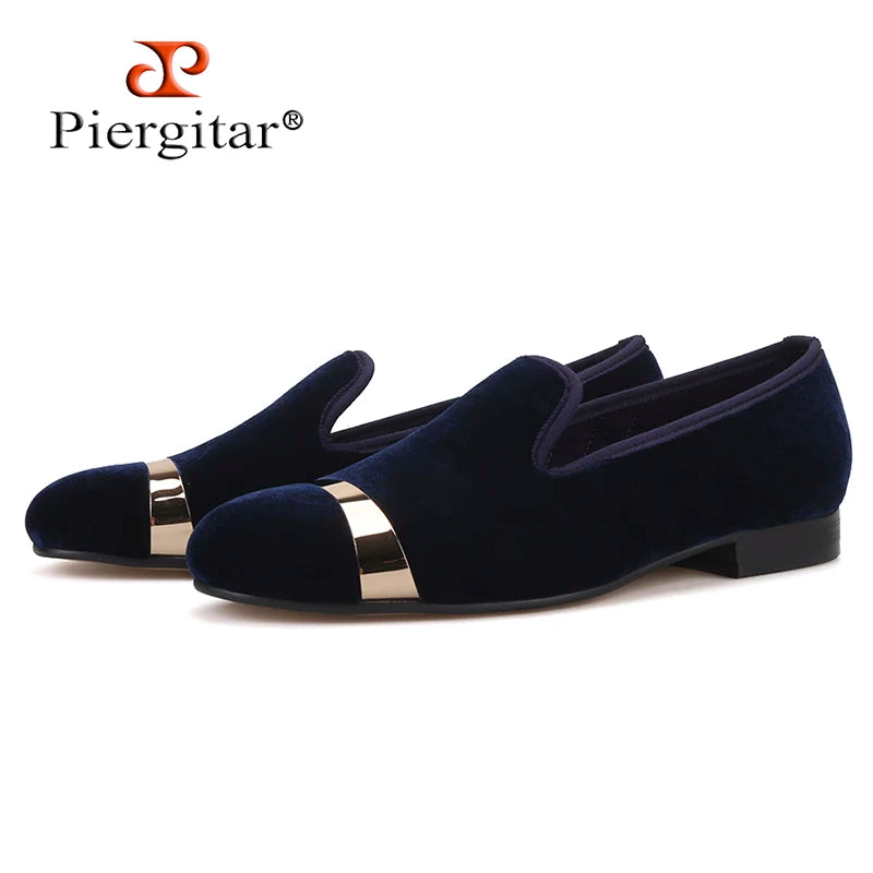 Piergitar new style Handmade men navy velvet shoes with gold metal on shoes toe fashion party wedding and banquet male loafers