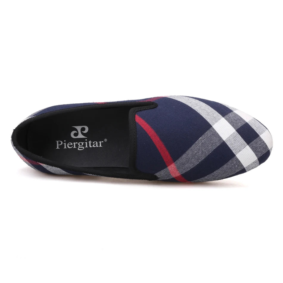 Piergitar Blue and white plaid canvas shoes luxurious brand men loafers black pig leather insole men's casual shoes men's flats