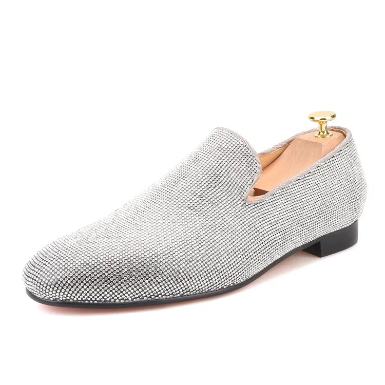 Handmade men's smoking slippers and loafers in red bottoms for weddings and parties.
